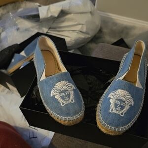 Versace Denim Blue Espadrilles with Medusa Embroidery